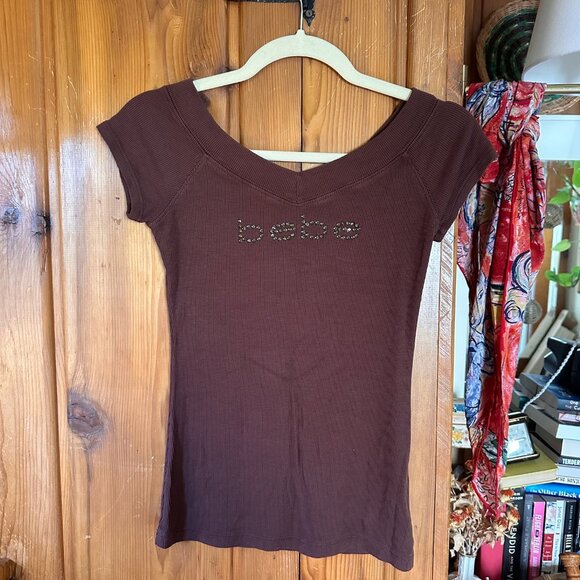 Bebe Y2k brown bedazzles off the shoulder top Size M - Picture 1 of 3
